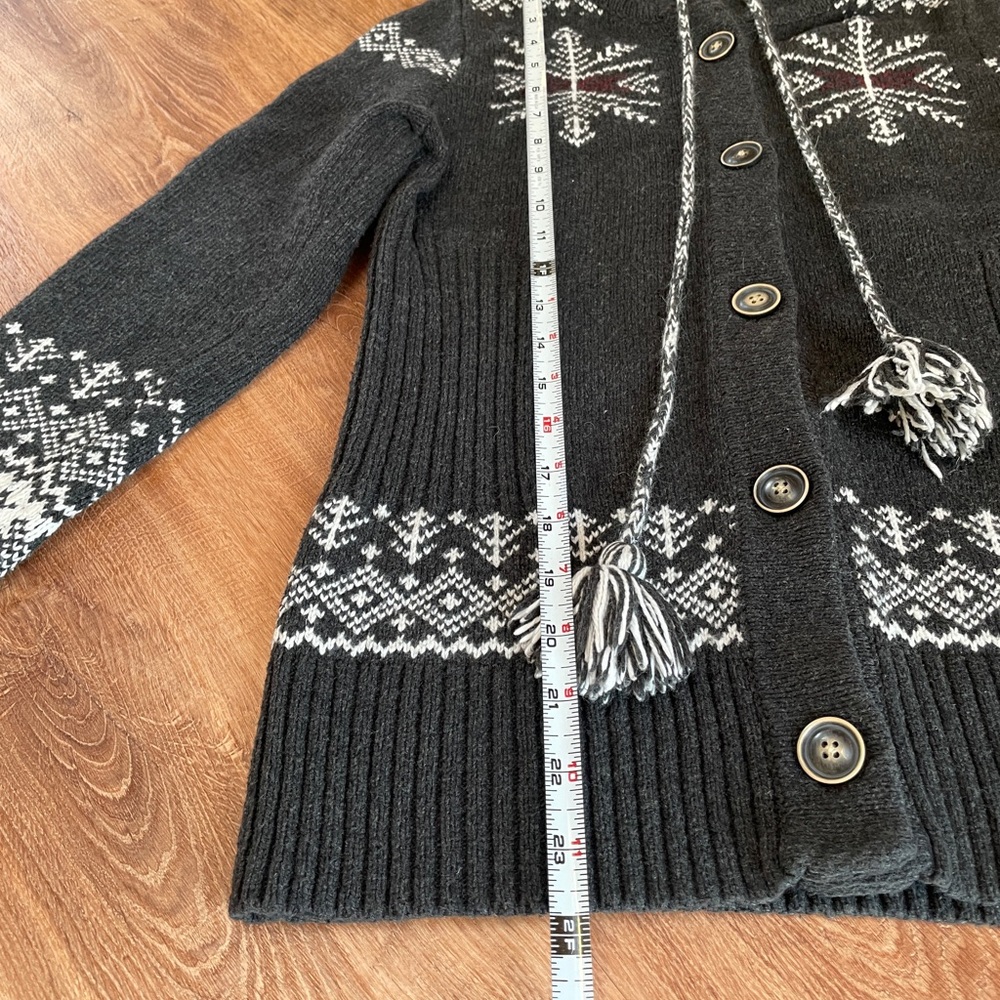 Eddie Bauer Womens Fair Isle Hooded Sweater Cardigan Medium Gray Tassels Button - Picture 5 of 6